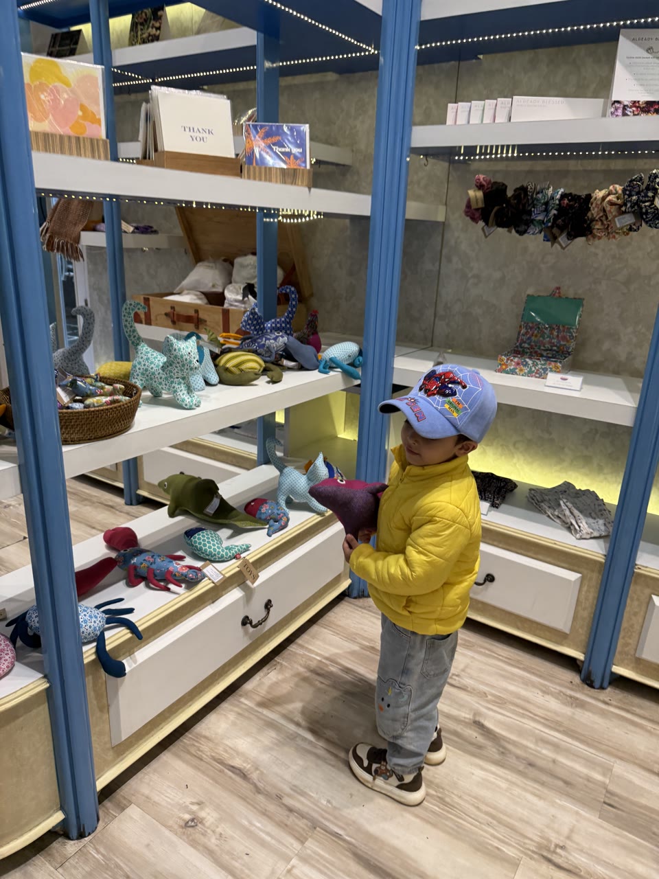 Samay holding a soft toy shark at a hillside gift shop